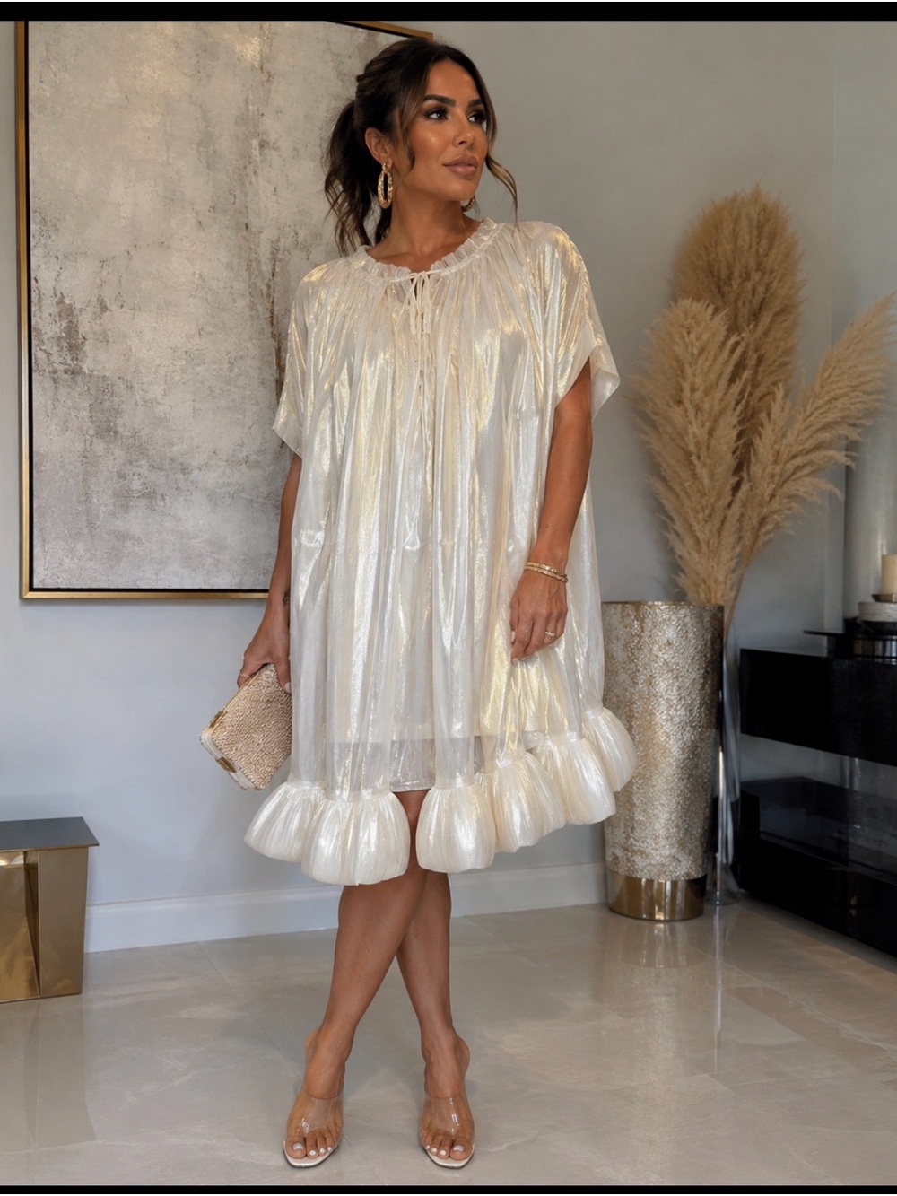Beulah Iridescent Ivory Ruffle-Hem Short Dress